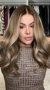 SULMY Cool Brown Highlights Wavy Wigs 100% Real Human Hair for Caucasian 180% Density